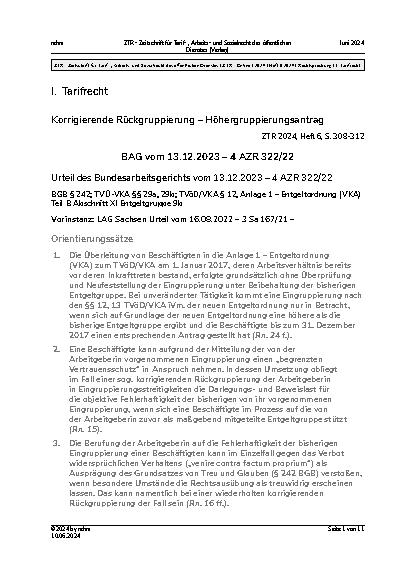Vorschauseite 1: I. Tarifrecht Korrigierende Rückgruppierung – Höhergruppierungsantrag