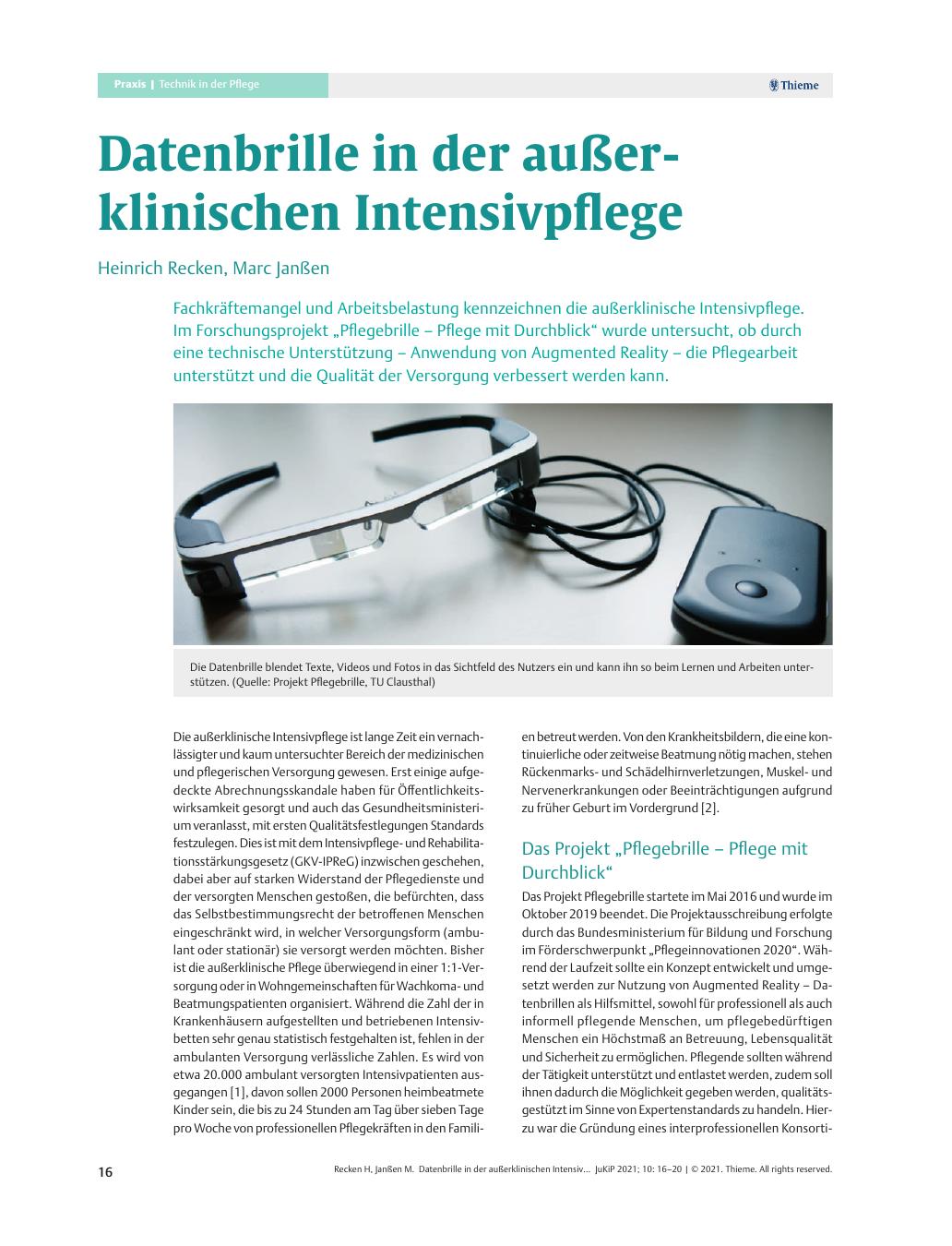 Vorschauseite 1: Datenbrille in der außerklinischen Intensivpflege