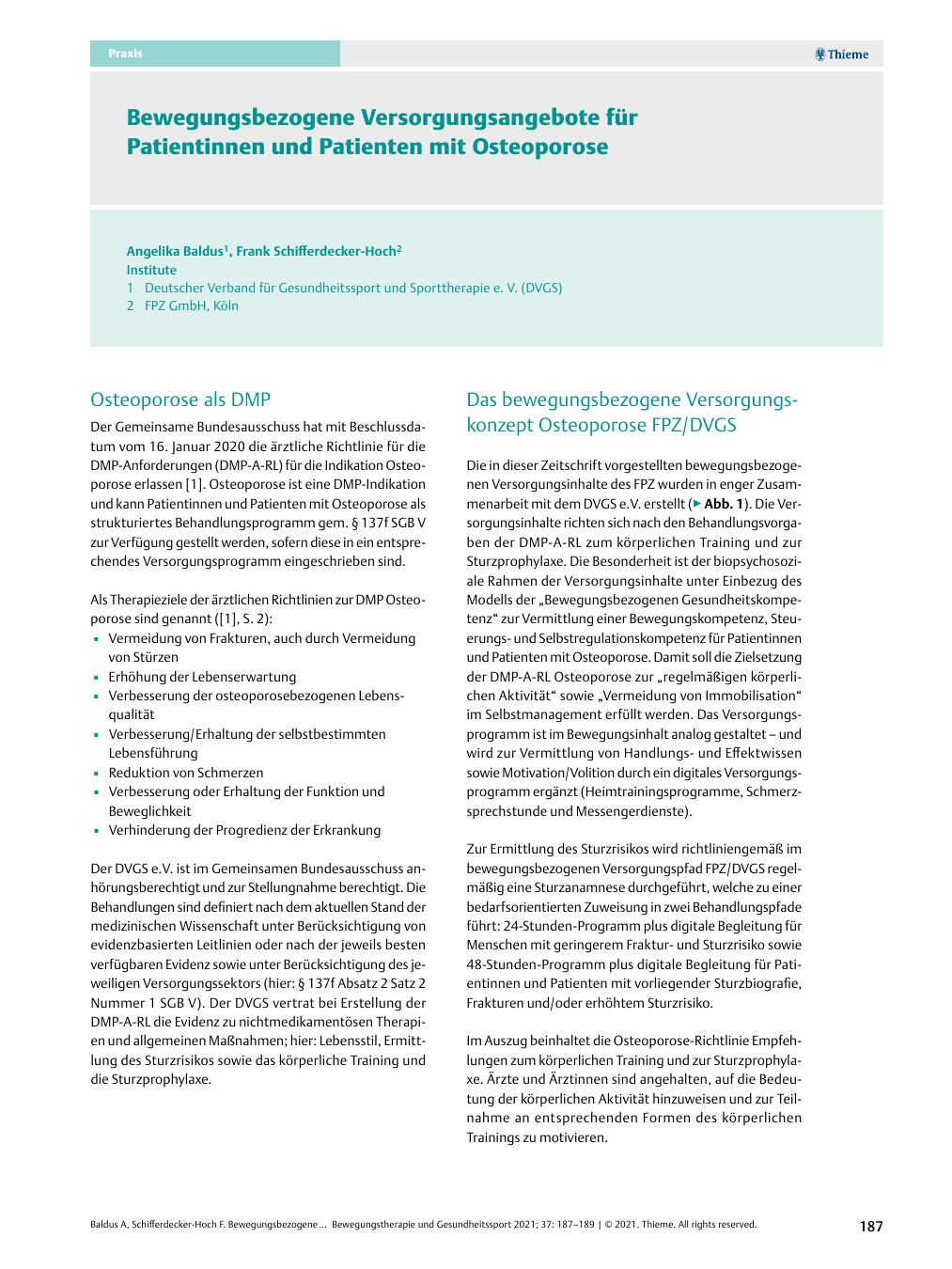 Vorschauseite 1: Bewegungsbezogene Versorgungsangebote für Patientinnen und Patienten mit Osteoporose