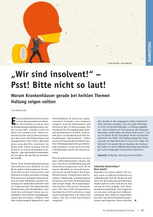 Vorschauseite 1: „Wir sind insolvent! “ – Psst! Bitte nicht so laut! Warum Krankenhäuser gerade bei heiklen Themen Haltung zeigen sollten