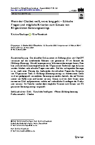 Vorschauseite 1: Wenn der Chatbot weiß, wo es lang geht – Ethische Fragen und mögliche Kriterien zum Einsatz von KI-gestützten Beratungssettings