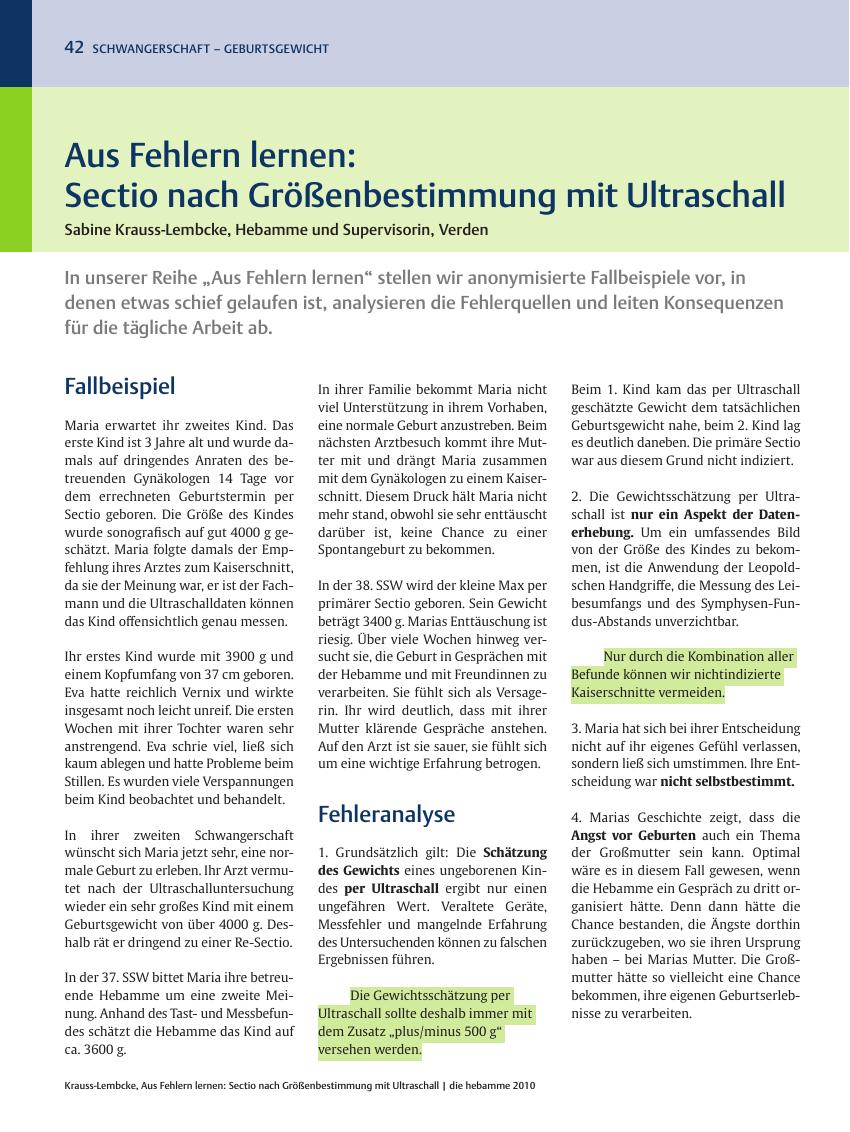 Vorschauseite 1: Aus Fehlern lernen: Sectio nach Größenbestimmung mit Ultraschall