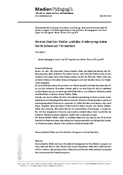 Vorschauseite 1: Verena Doelker-Tobler und das Kinderprogramm beim Schweizer Fernsehen