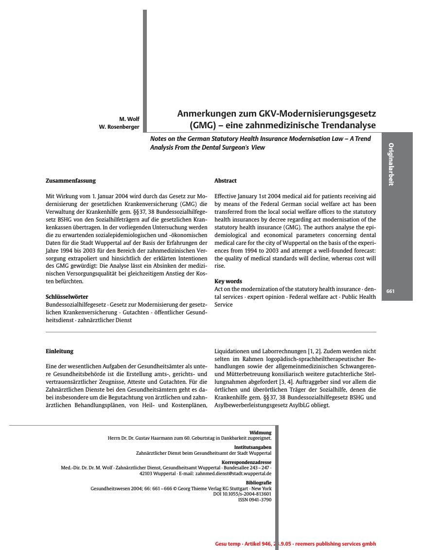 Vorschauseite 1: Anmerkungen zum GKV-Modernisierungsgesetz (GMG) - eine zahnmedizinische Trendanalyse