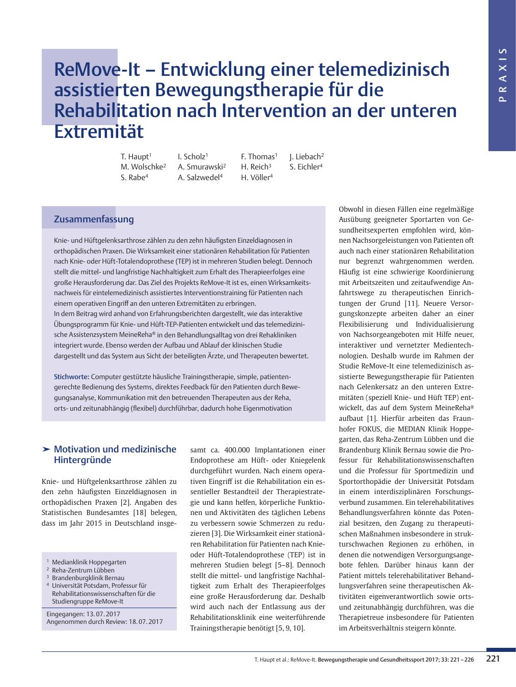 Vorschauseite 1: ReMove-It – Entwicklung einer telemedizinisch assistierten Bewegungstherapie für die Rehabilitation nach Intervention an der unteren Extremität