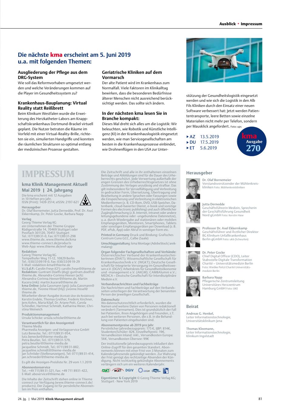 Vorschauseite 1: Die nächste kma Ausgabe erscheint am 5. Juni 2019 u.a. mit folgenden Themen