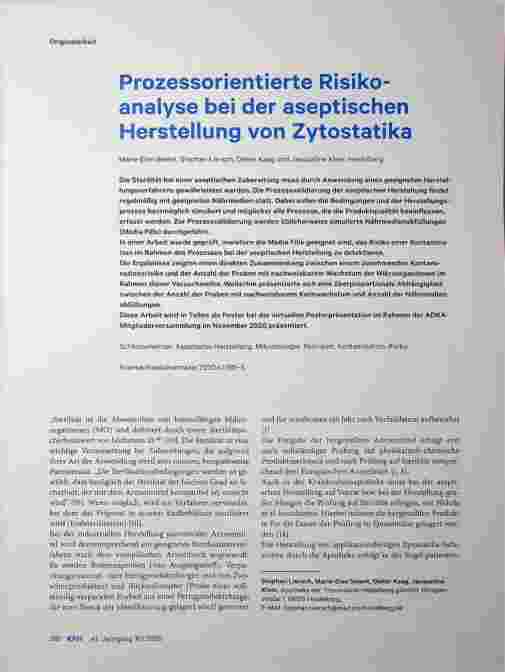 Vorschauseite 1: Prozessorientierte Risikoanalyse bei der aseptischen Herstellung von Zytostatika