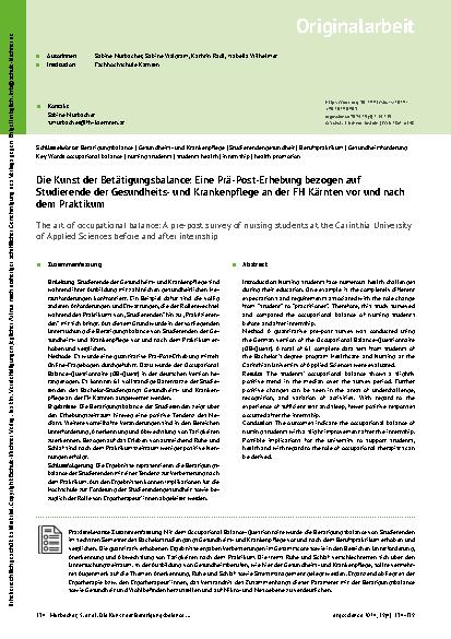 Vorschauseite 1: Die Kunst der Betätigungsbalance: Eine Prä-Post-Erhebung bezogen auf Studierende der Gesundheitsund Krankenpflege an der FH Kärnten vor und nach dem Praktikum