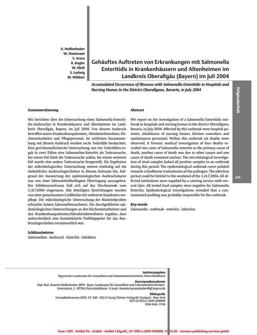 Vorschauseite 1: Gehäuftes Auftreten von Erkrankungen mit Salmonella Enteritidis in Krankenhäusern und Altenheimen im Landkreis Oberallgäu (Bayern) im Juli 2004