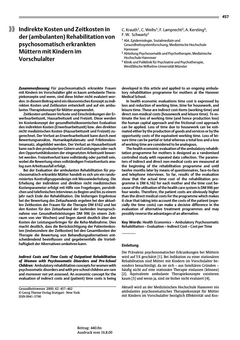 Vorschauseite 1: Indirekte Kosten und Zeitkosten in der (ambulanten) Rehabilitation von psychosomatisch erkrankten Müttern mit Kindern im Vorschulalter