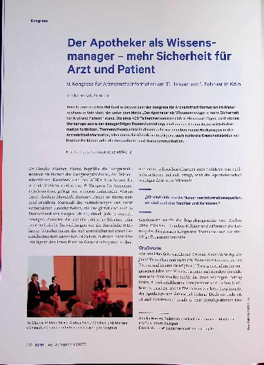 Vorschauseite 1: Kongress Der Apotheker als Wissens manager - mehr Sicherheit für Arzt und Patient