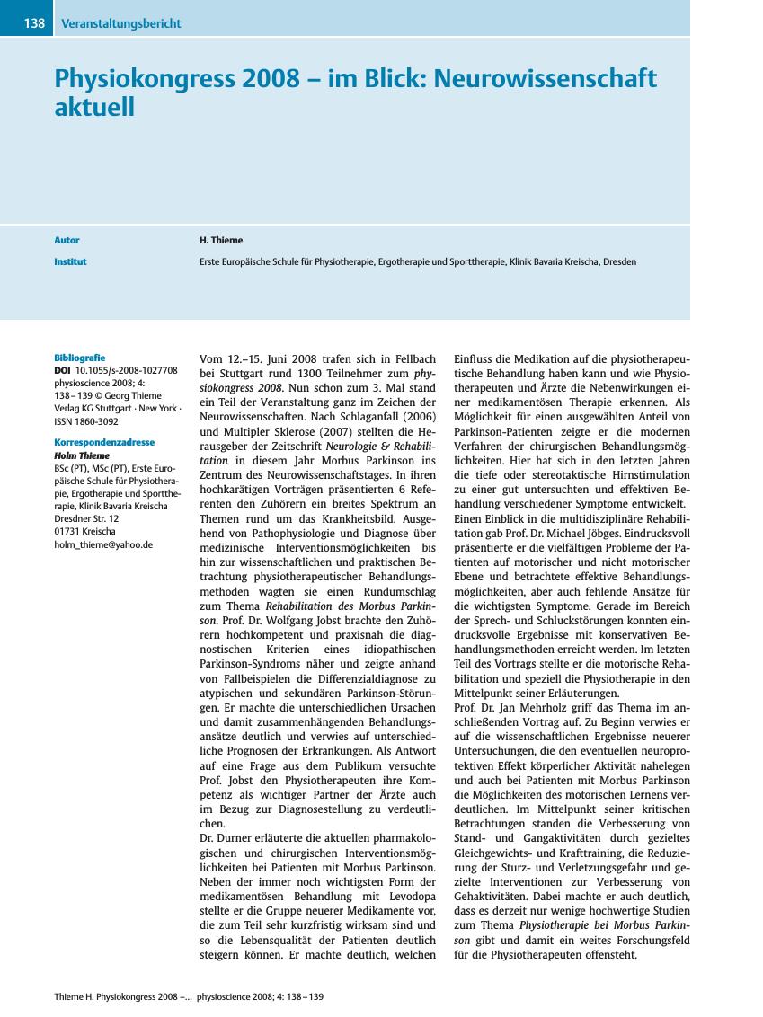 Vorschauseite 1: Physiokongress 2008? im Blick: Neurowissenschaft aktuell