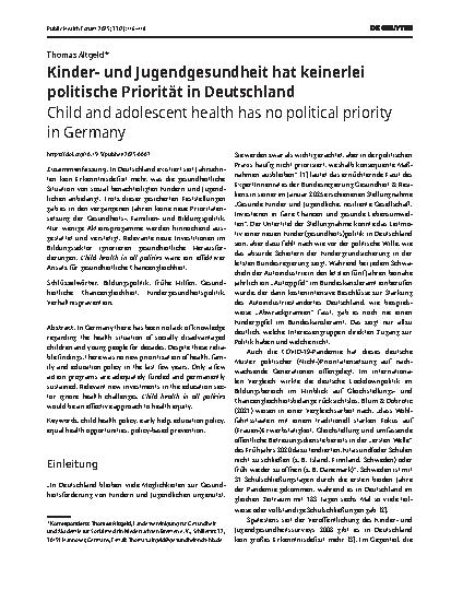 Vorschauseite 1: Kinderund Jugendgesundheit hat keinerlei politische Priorität in Deutschland