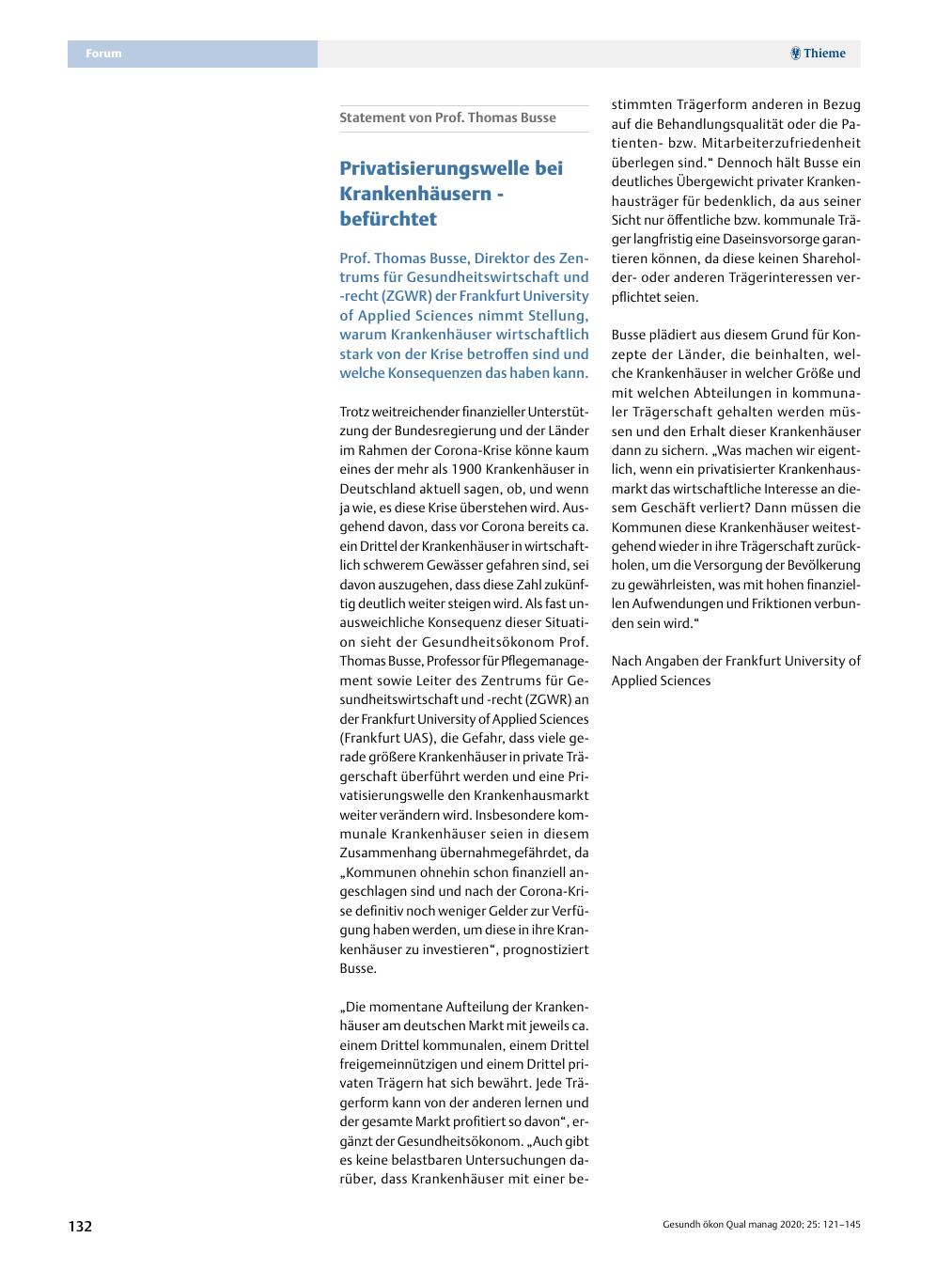Vorschauseite 1: Statement von Prof. Thomas Busse - Privatisierungswelle bei Krankenhäusern befürchtet