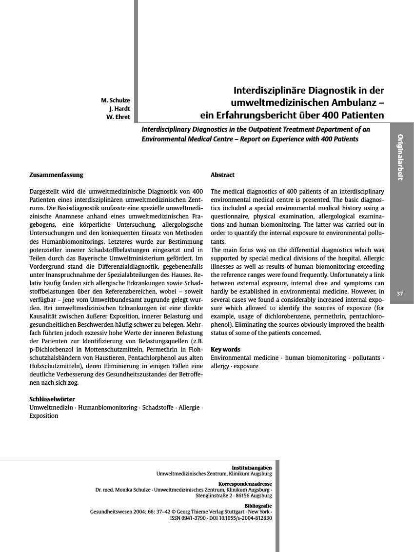 Vorschauseite 1: Interdisziplinäre Diagnostik in der umweltmedizinischen Ambulanz - ein Erfahrungsbericht über 400 Patienten