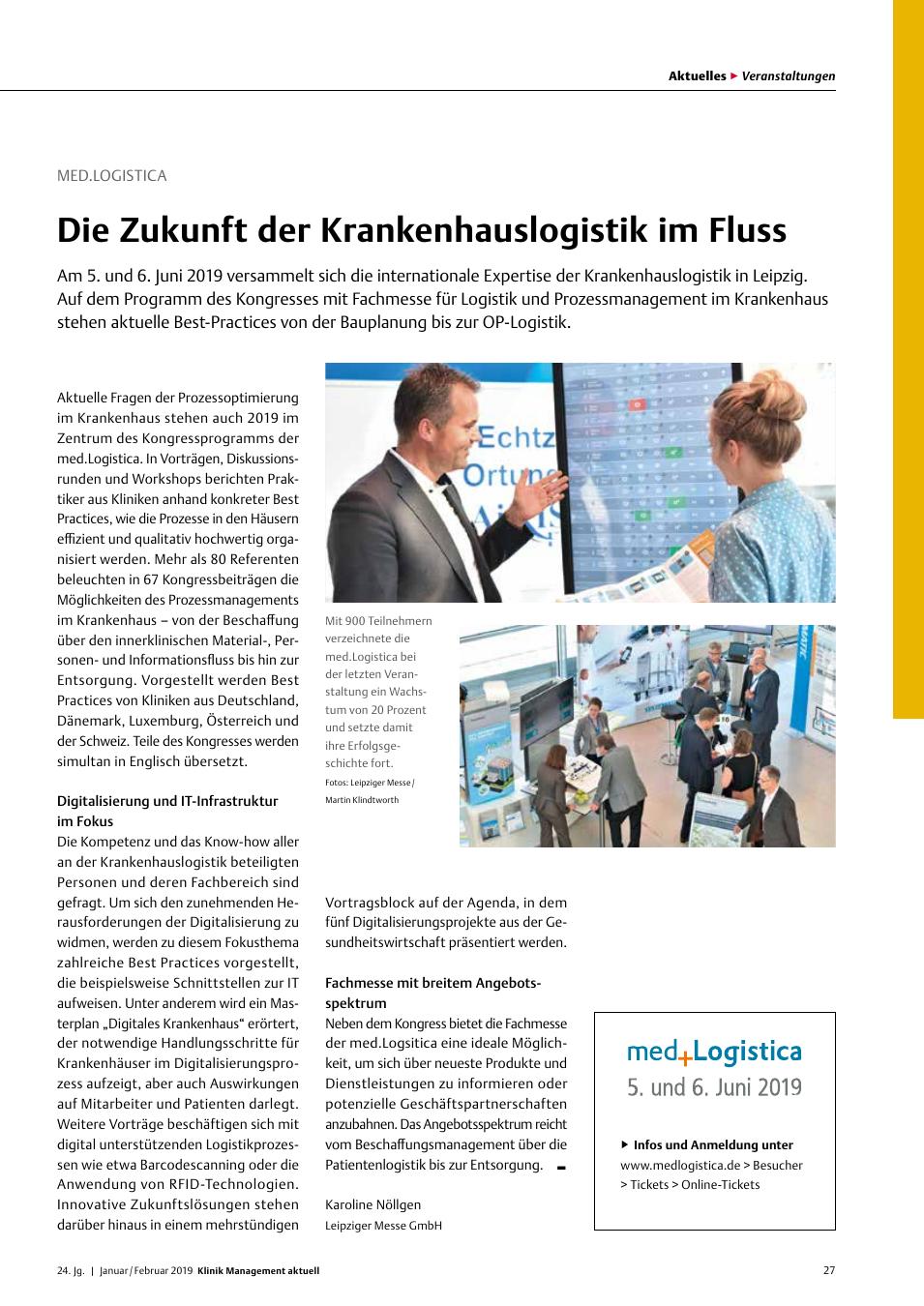 Vorschauseite 1: med.Logistica: Die Zukunft der Krankenhauslogistik im Fluss