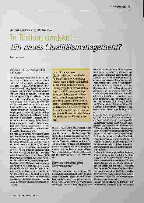 Vorschauseite 1: In Risiken denken! - Ein neues Qualitätsmanagement?