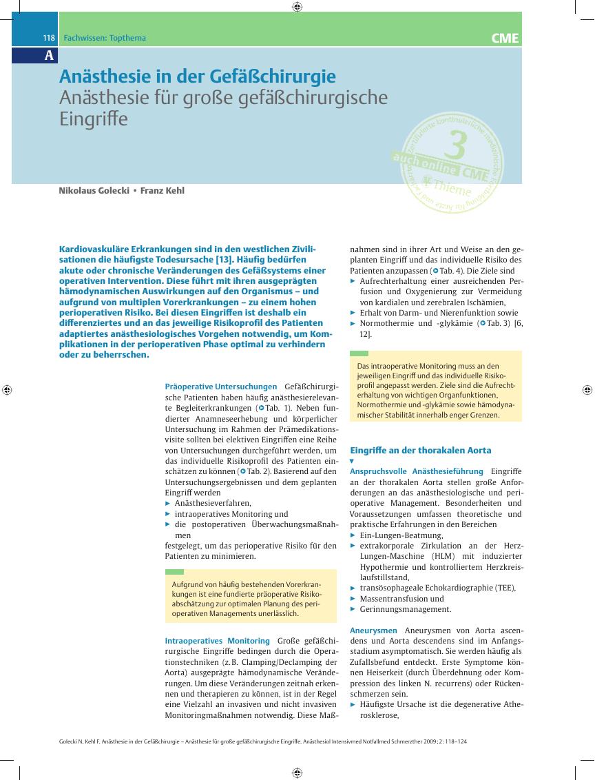 Vorschauseite 1: Anästhesie für große gefäßchirurgische Eingriffe