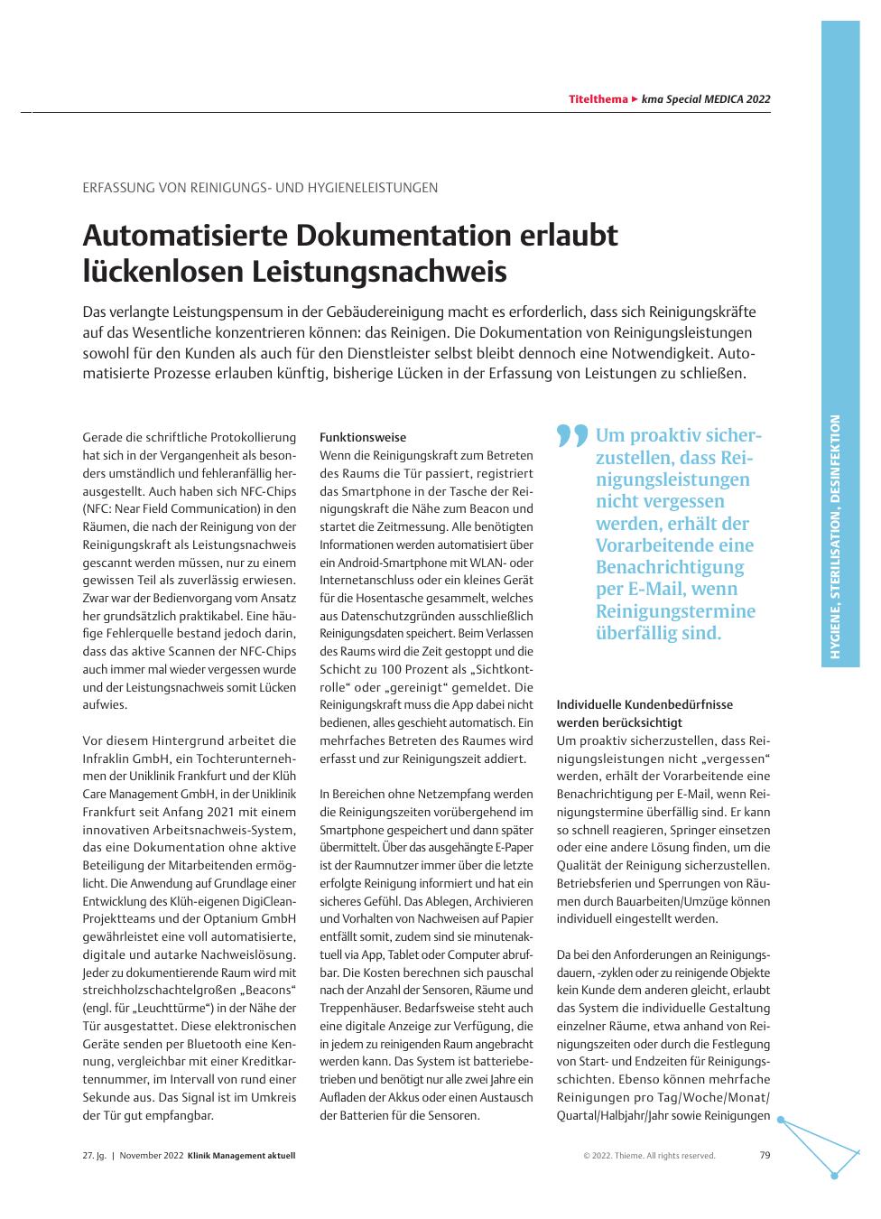 Vorschauseite 1: Erfassung von Reinigungsund Hygieneleistungen: Automatisierte Dokumentation erlaubt lückenlosen Leistungsnachweis.