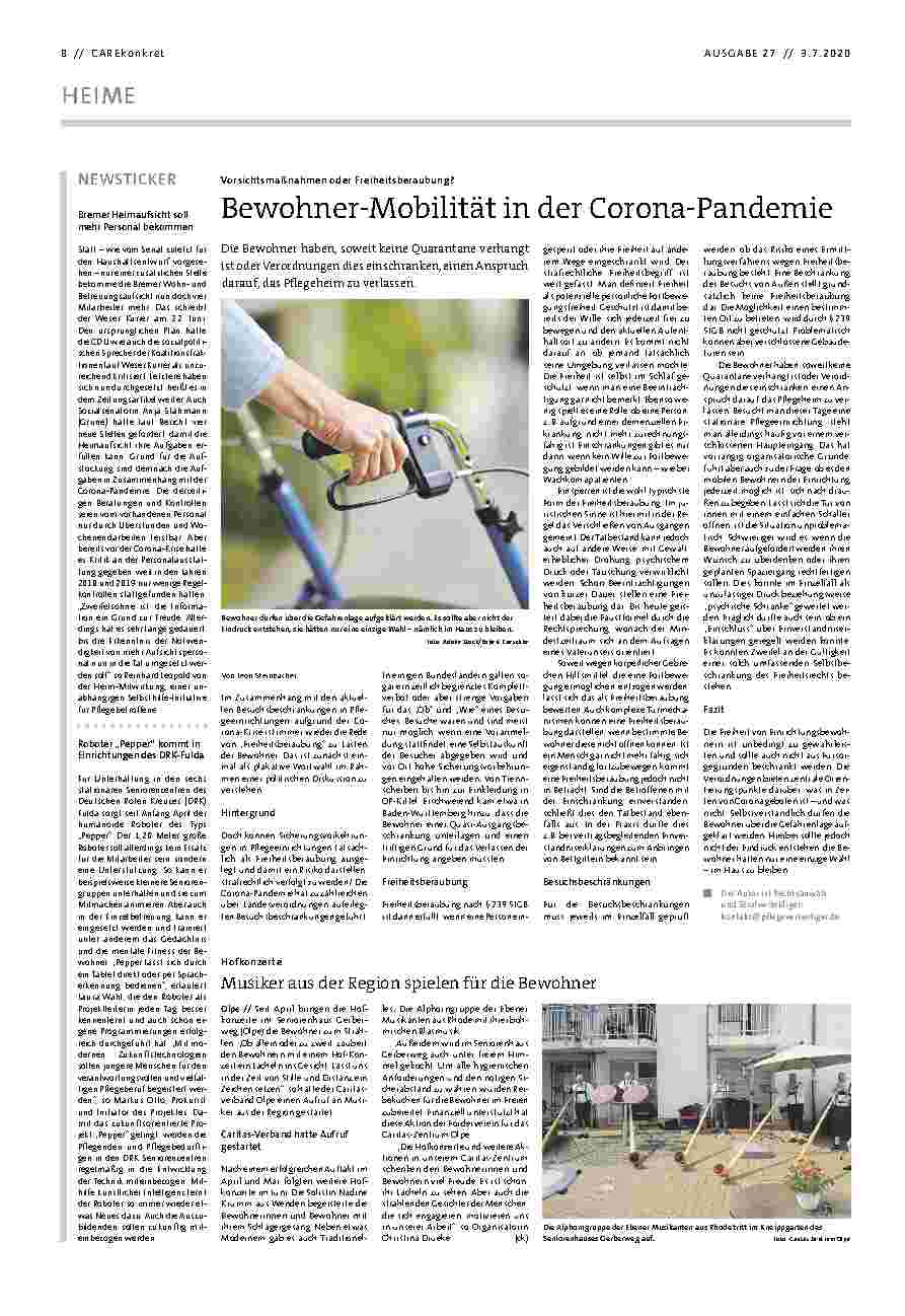 Vorschauseite 1: Bewohnermobilität in der Corona-Pandemie