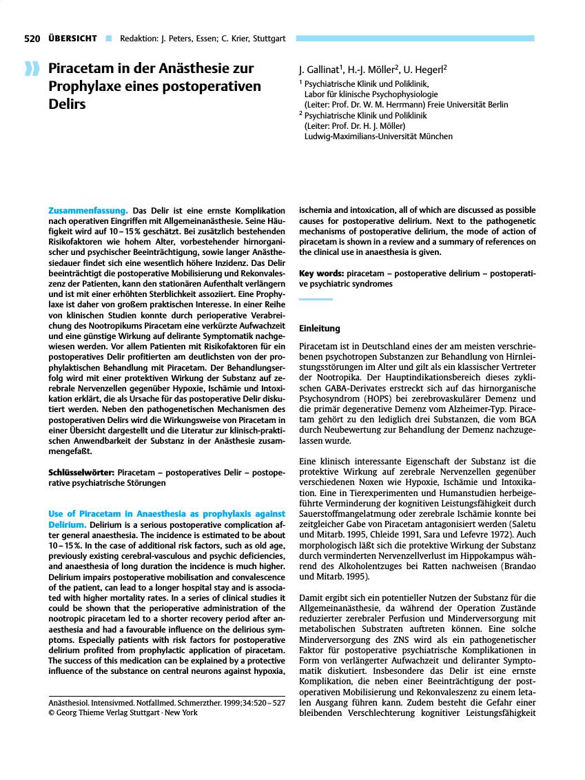 Vorschauseite 1: Piracetam in der Anästhesie zur Prophylaxe eines postoperativen Delirs