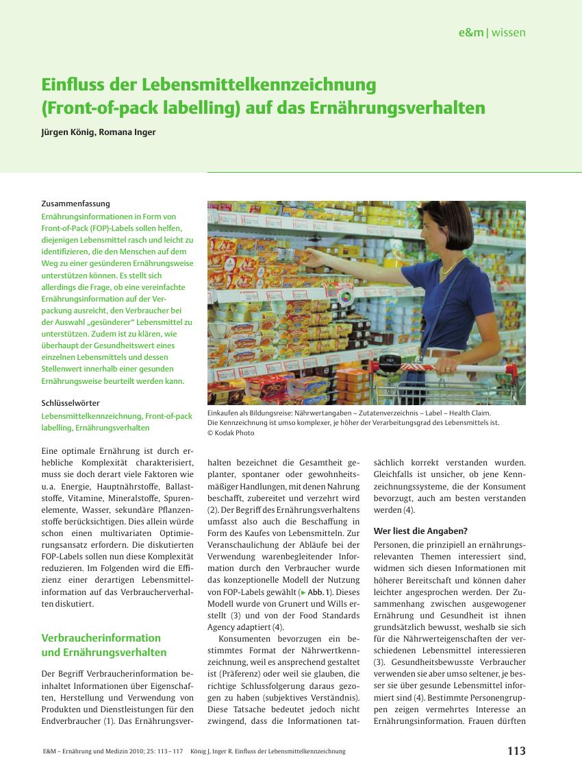 Vorschauseite 1: Einfluss der Lebensmittelkennzeichnung (Front-of-pack labelling) auf das Ernährungsverhalten