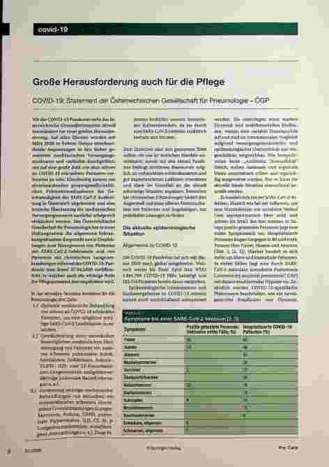 Vorschauseite 1: Große Herausforderung auch für die Pflege COVID-19: Statement der Österreichischen Gesellschaft für Pneumologie - ÖGP