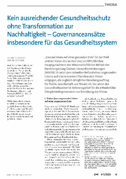 Vorschauseite 1: Kein ausreichender Gesundheitsschutz ohne Transformation zur Nachhaltigkeit – Governanceansätze insbesondere für das Gesundheitssystem