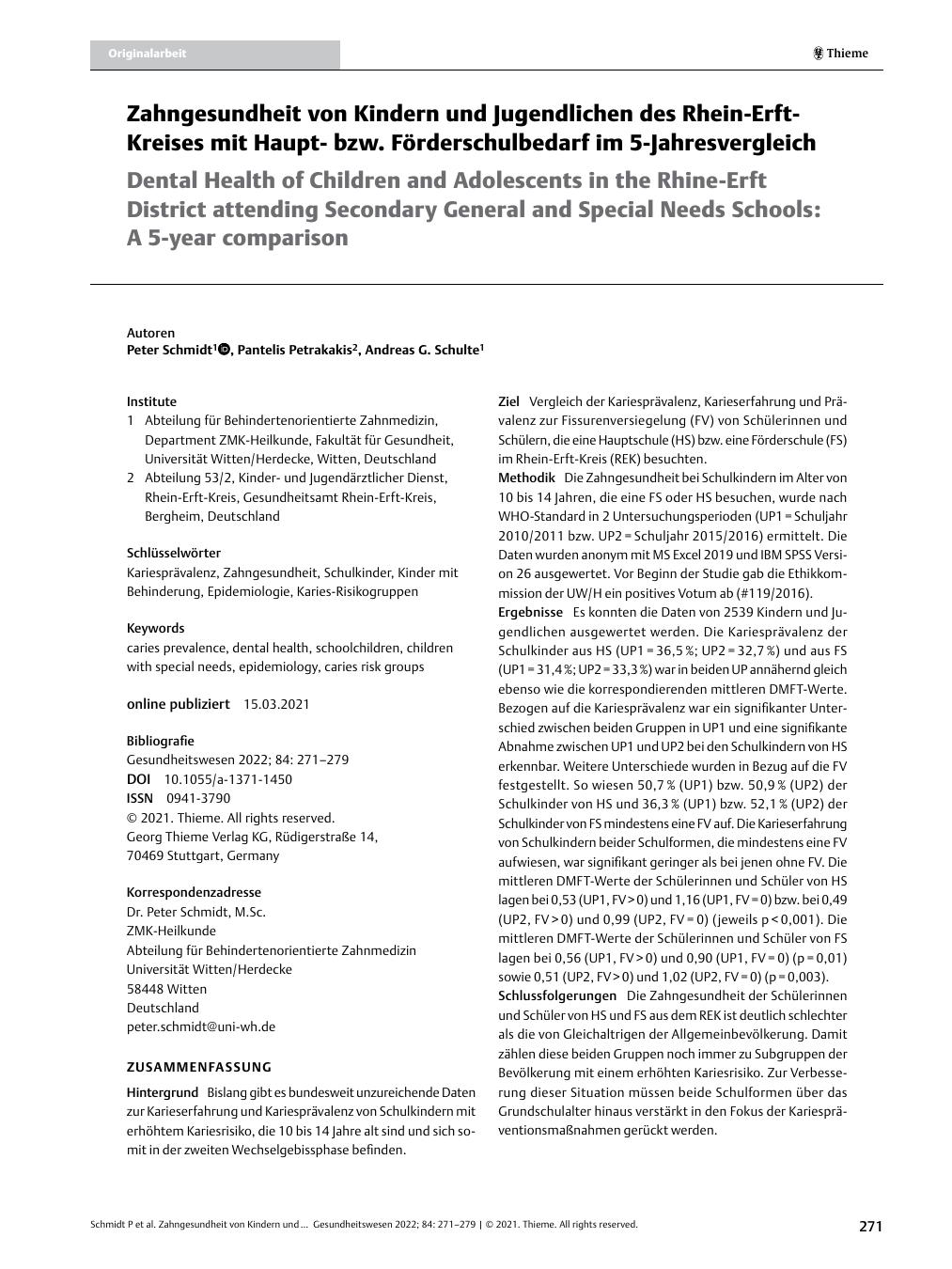 Vorschauseite 1: Zahngesundheit von Kindern und Jugendlichen des Rhein-Erft-Kreises mit Hauptbzw. Förderschulbedarf im 5-Jahresvergleich