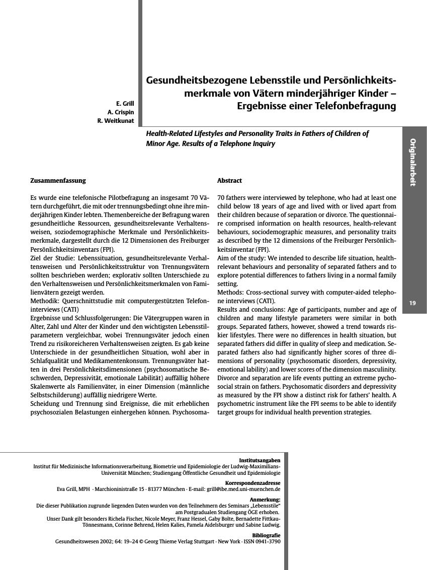 Vorschauseite 1: Gesundheitsbezogene Lebensstile und Persönlichkeitsmerkmale von Vätern minderjähriger Kinder - Ergebnisse einer Telefonbefragung