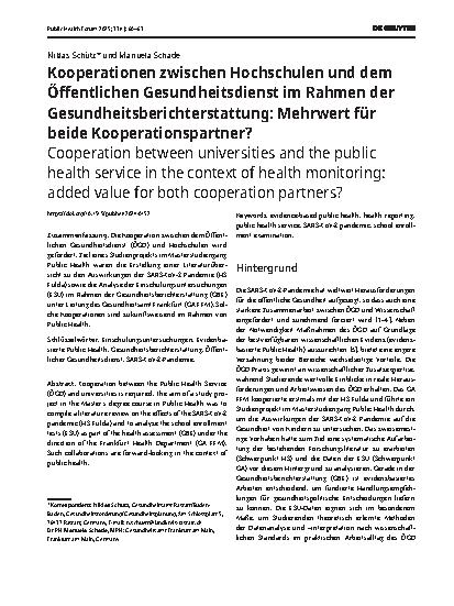 Vorschauseite 1: Kooperationen zwischen Hochschulen und dem Öffentlichen Gesundheitsdienst im Rahmen der Gesundheitsberichterstattung: Mehrwert für beide Kooperationspartner?