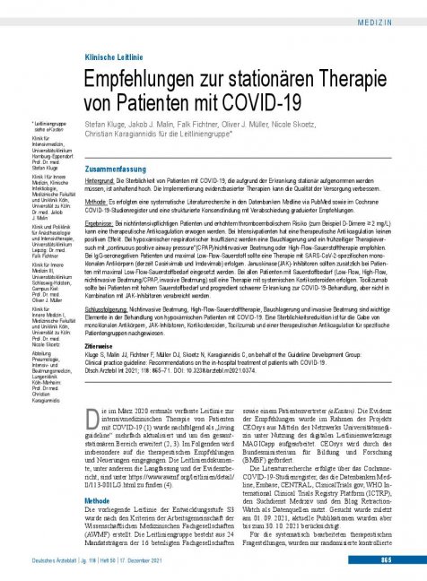 Vorschauseite 1: Empfehlungen zur stationären Therapie von Patienten mit COVID-19