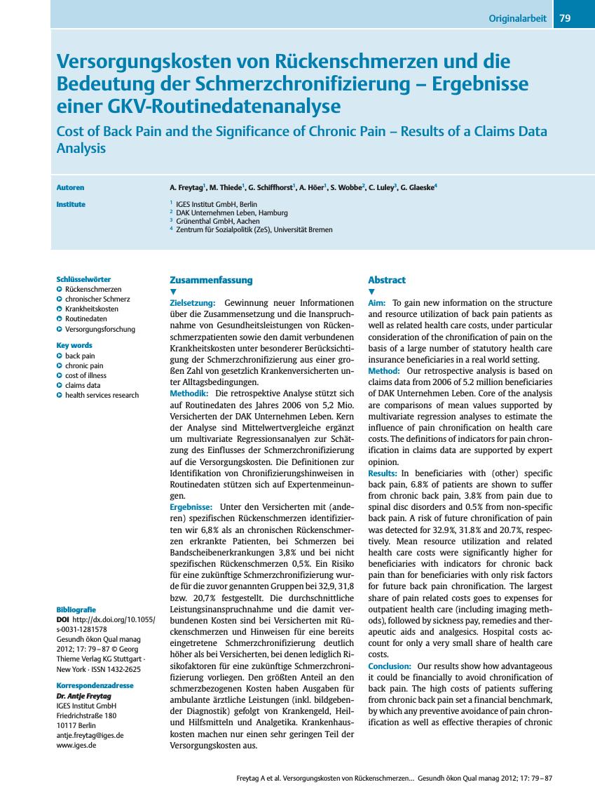 Vorschauseite 1: Versorgungskosten von Rückenschmerzen und die Bedeutung der Schmerzchronifizierung – Ergebnisse einer GKV-Routinedatenanalyse