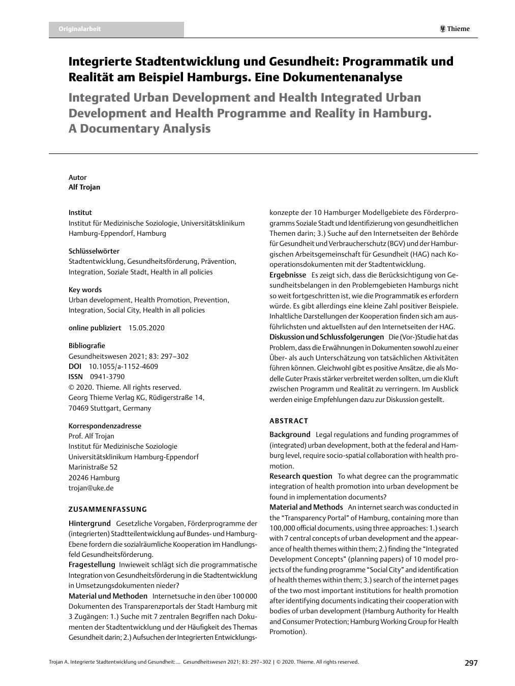 Vorschauseite 1: Integrierte Stadtentwicklung und Gesundheit: Programmatik und Realität am Beispiel Hamburgs. Eine Dokumentenanalyse