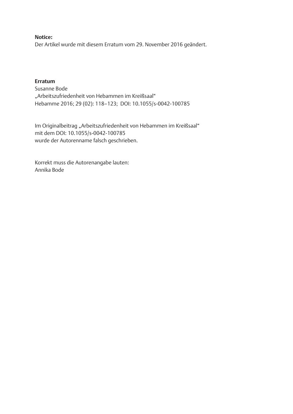 Vorschauseite 1: Errata: Arbeitszufriedenheit von Hebammen im Kreißsaal