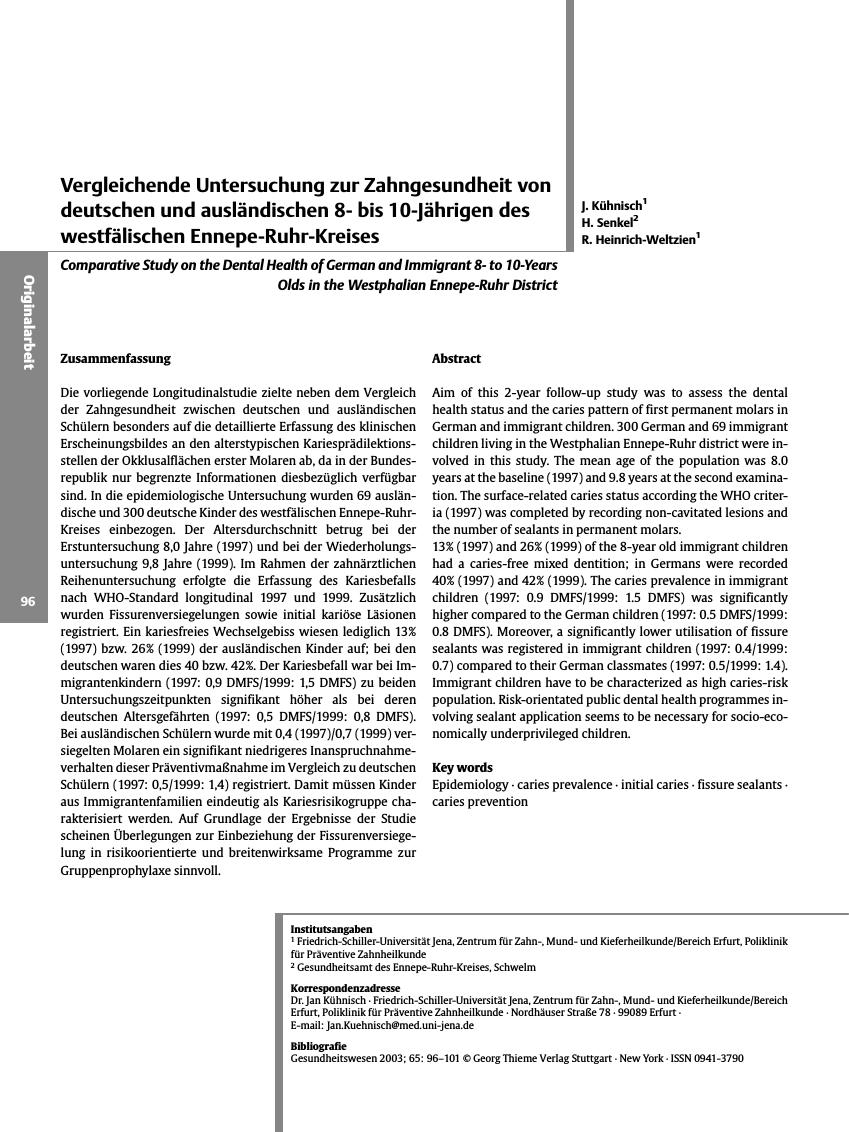 Vorschauseite 1: Vergleichende Untersuchung zur Zahngesundheit von deutschen und ausländischen 8- bis 10-Jährigen des westfälischen Ennepe-Ruhr-Kreises