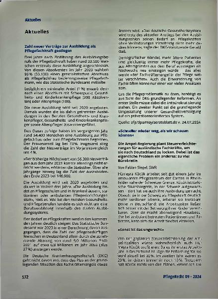Vorschauseite 1: Zahl neuer Verträge zur Ausbildung als Pflegefachkraft gestiegen.
