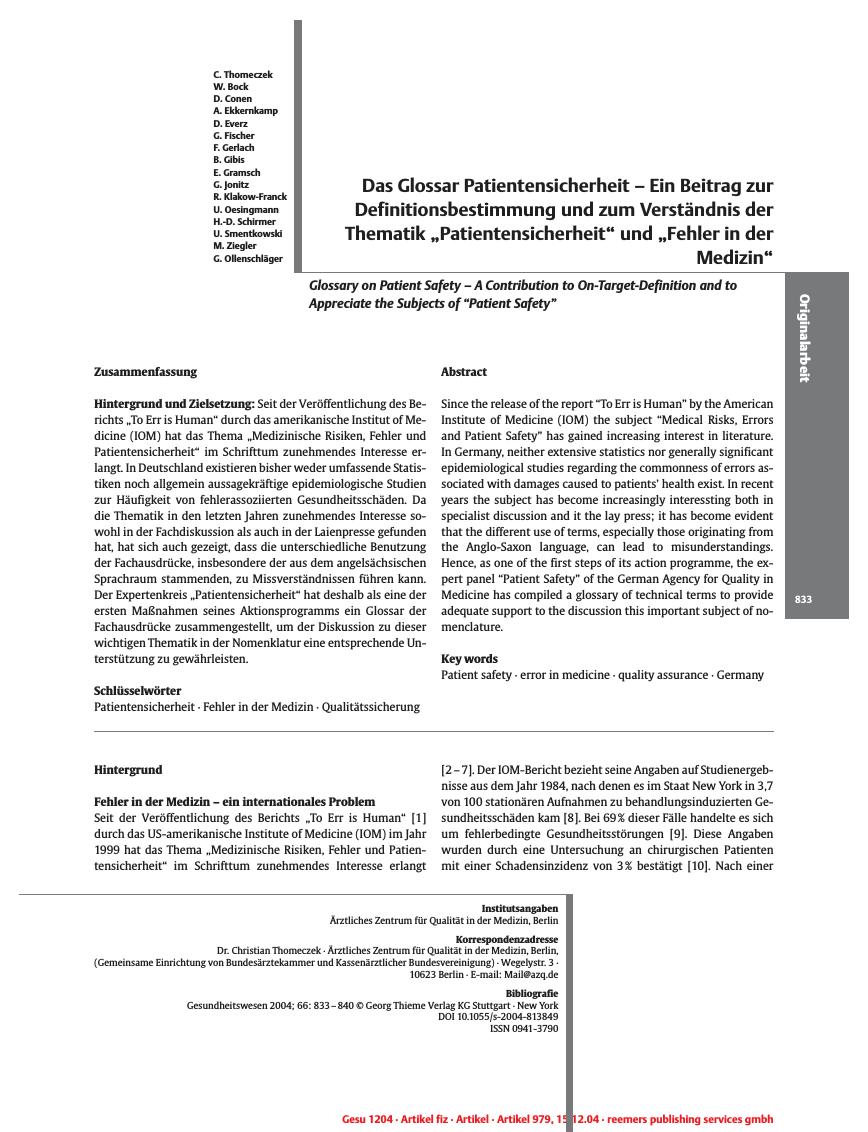 Vorschauseite 1: Das Glossar Patientensicherheit - Ein Beitrag zur Definitionsbestimmung und zum Verständnis der Thematik „Patientensicherheit” und „Fehler in der Medizin”