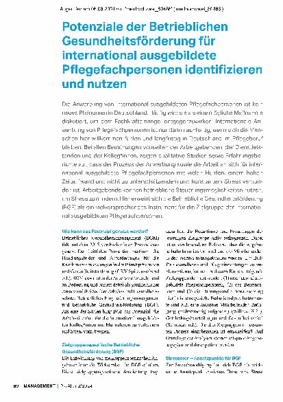 Vorschauseite 1: Potenziale der Betrieblichen Gesundheitsförderung für international ausgebildete Pflegefachpersonen identifizieren und nutzen.