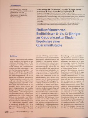 Vorschauseite 1: Einflussfaktoren von Bedürfnissen 8- bis 13-jähriger an Krebs erkrankter Kinder: Ergebnisse einer Querschnittstudie