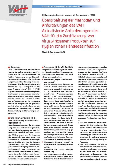 Vorschauseite 1: Überarbeitung der Methoden und Anforderungen des VAH: Aktualisierte Anforderungen des VAH für die Zertifizierung von viruswirksamen Produkten zur hygienischen Händedesinfektion