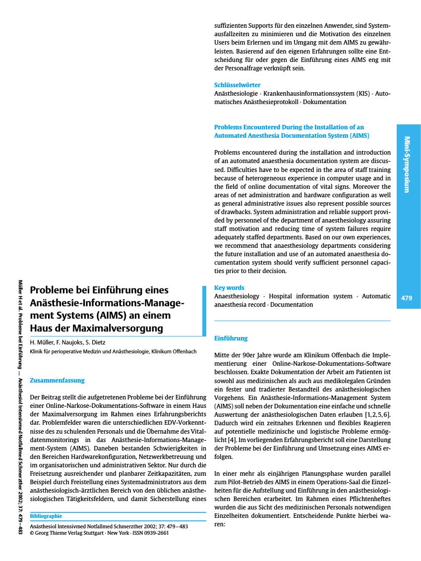 Vorschauseite 1: Probleme bei Einführung eines Anästhesie-Informations-Management Systems (AIMS) an einem Haus der Maximalversorgung