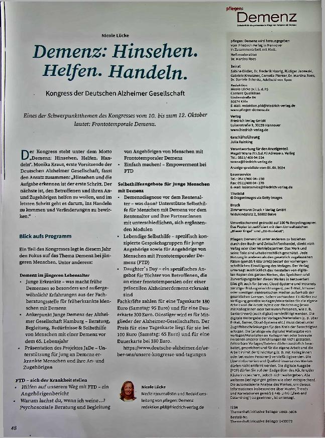 Vorschauseite 1: Demenz: Hinsehen, Helfen, Handeln. Kongress der Deutschen Alzheimer Gesellschaft.