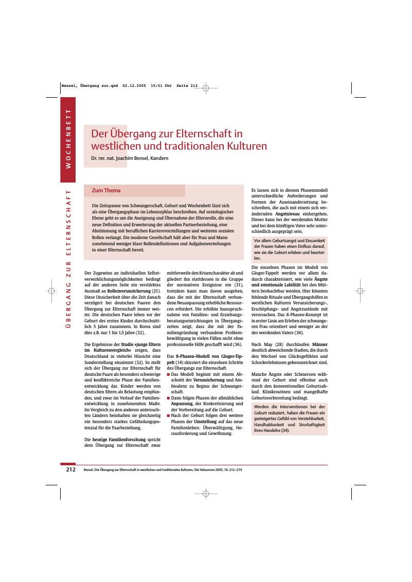 Vorschauseite 1: Der Übergang zur Elternschaft in westlichen und traditionalen Kulturen