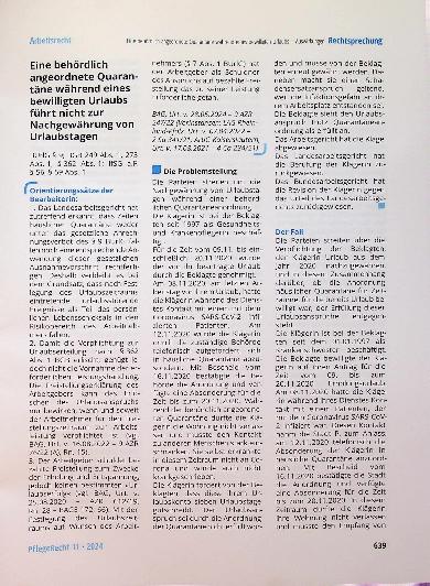 Vorschauseite 1: Eine behördlich angeordnete Quarantäne während eines bewilligten Urlaubs führt nicht zur Nachgewährung von Urlaubstagen.