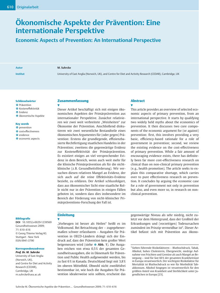 Vorschauseite 1: Ökonomische Aspekte der Prävention: Eine internationale Perspektive