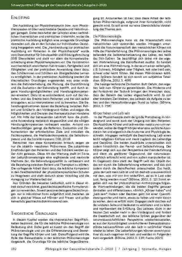 Vorschauseite 2: Leibliche Phänomene in der Physiotherapie: Ein Feedbackbogen zum Erlernen leiblicher Gegenübertragung