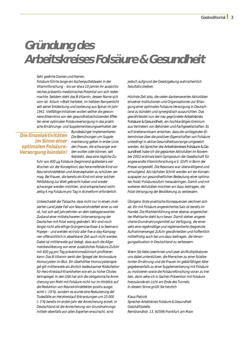 Vorschauseite 1: Gründung des Arbeitskreises Folsäure & Gesundheit