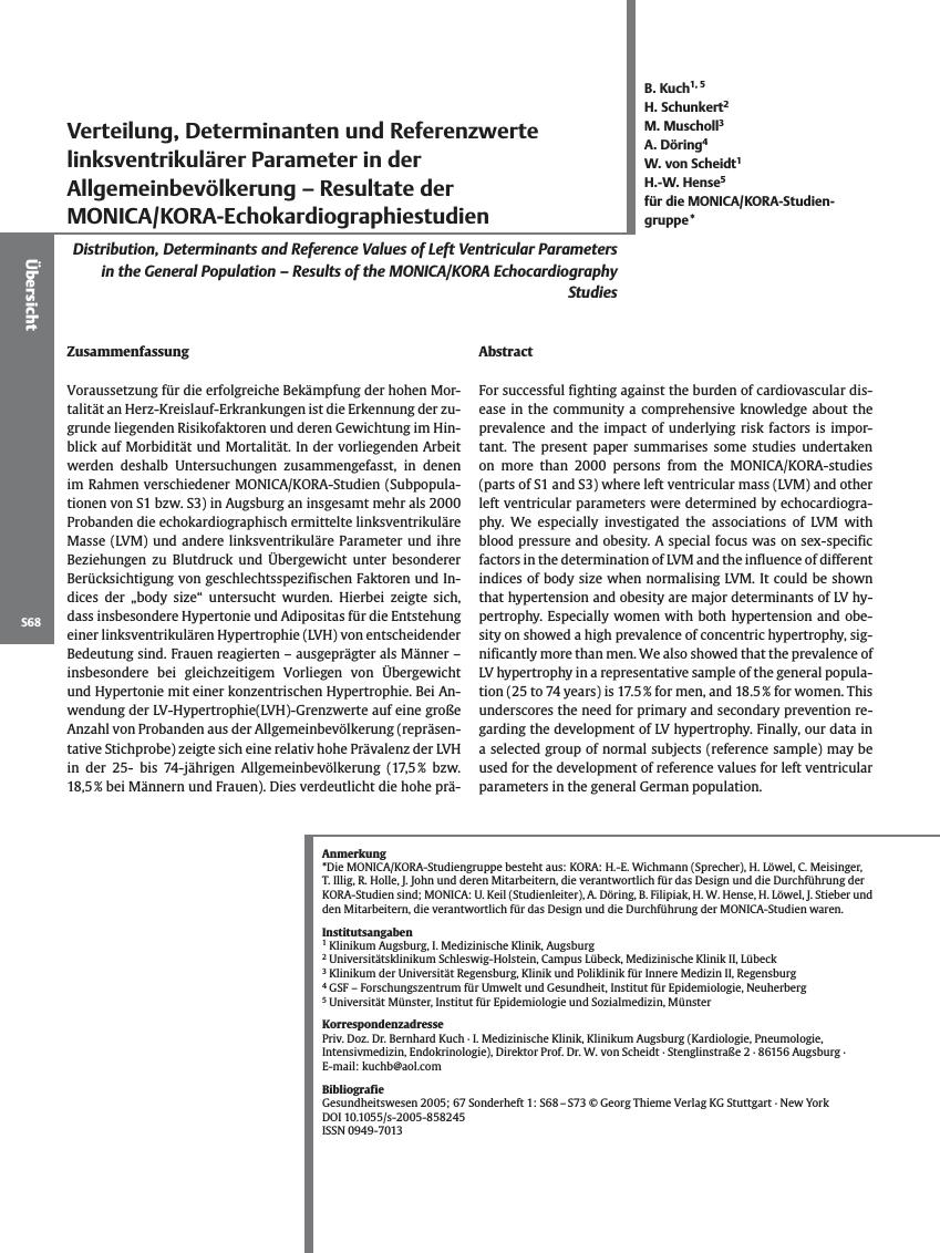 Vorschauseite 1: Verteilung, Determinanten und Referenzwerte linksventrikulärer Parameter in der Allgemeinbevölkerung - Resultate der MONICA/KORA-Echokardiographiestudien