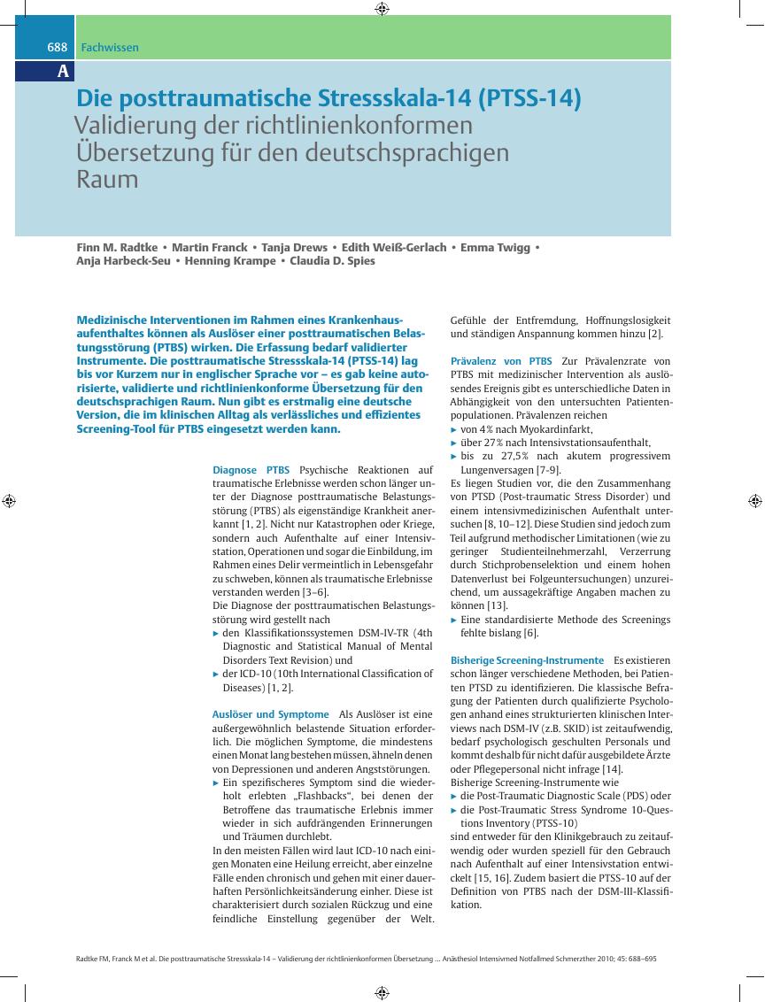 Vorschauseite 1: Die posttraumatische Stressskala-14 (PTSS-14) – Validierung der richtlinienkonformen Übersetzung für den deutschsprachigen Raum